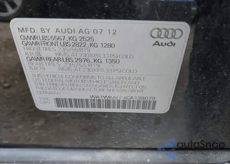 2012 Audi Q5 3.2 Premium from USA, damaged, VIN WA1WKAFP4CA138079